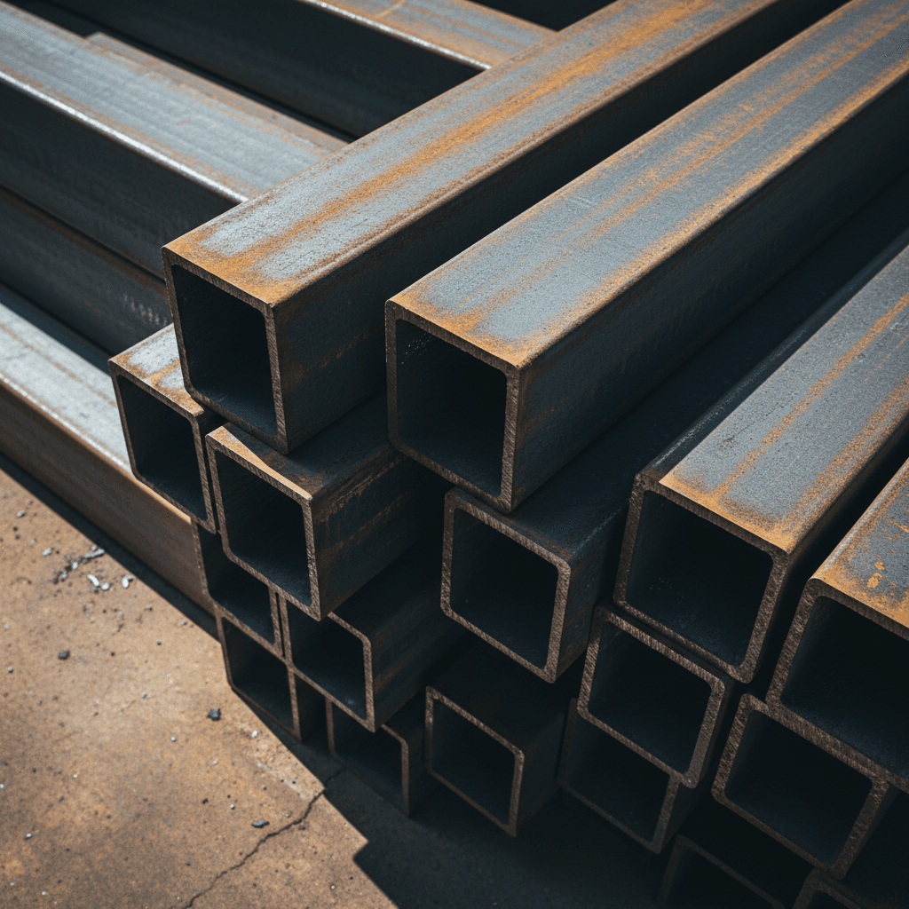 Structural steel beams stacked at facility