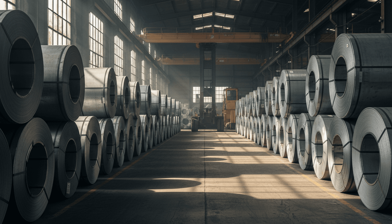 Organized steel coils stacked in warehouse bay with natural industrial lighting