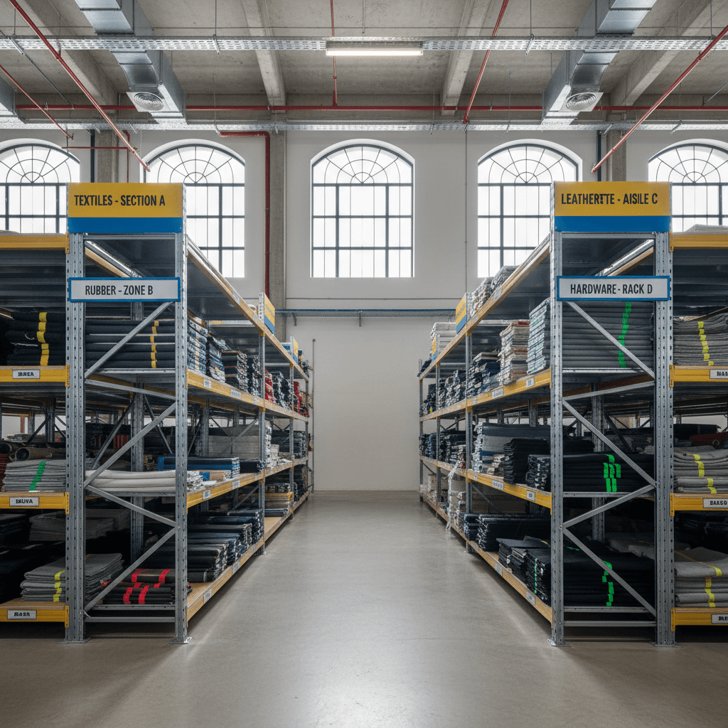 Organized bata materials on warehouse shelving