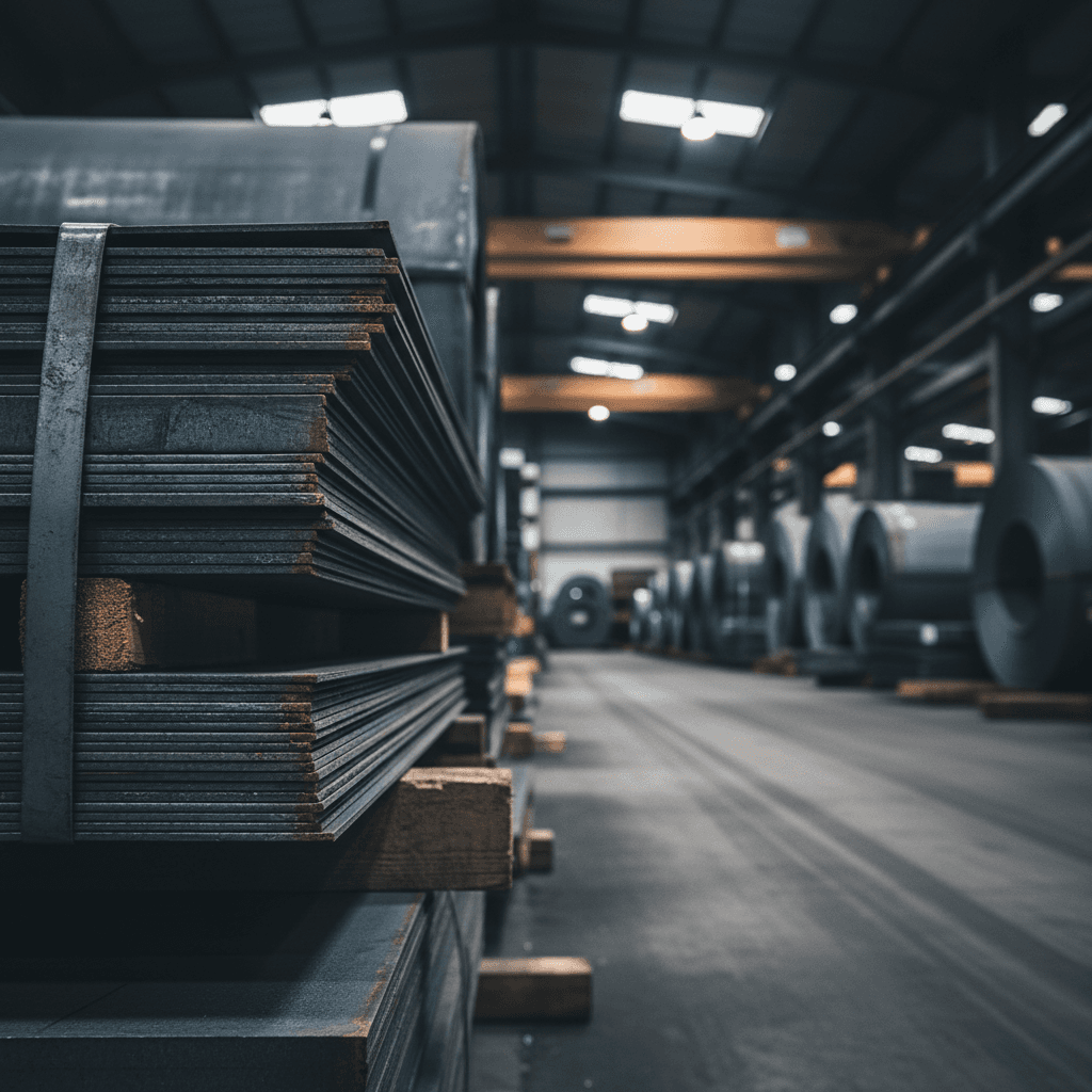 Premium steel sheets and coils stacked in warehouse