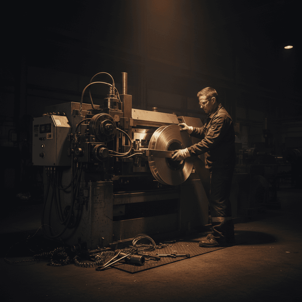 Technician handling specialty steel coils at cutting equipment