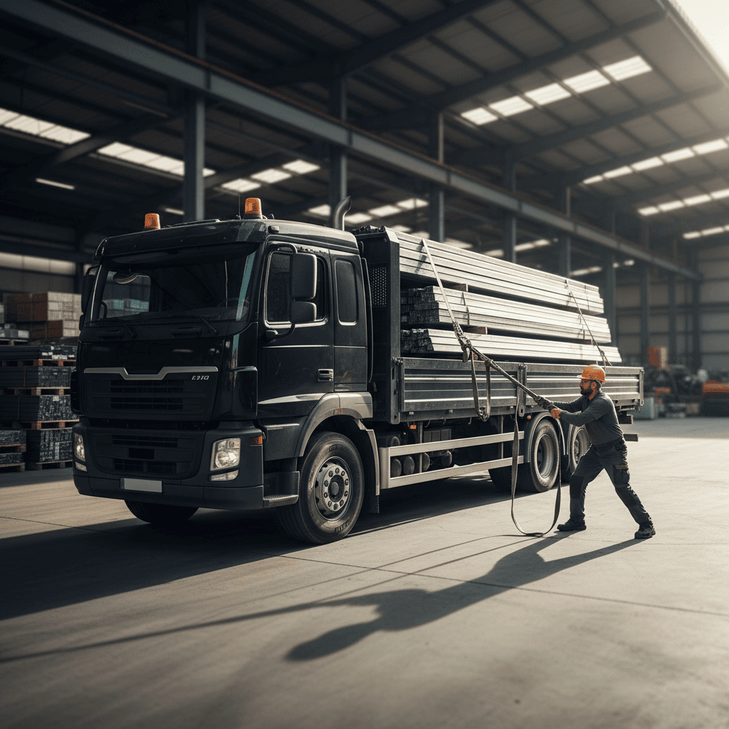 Delivery truck loaded with steel materials being prepared for transport