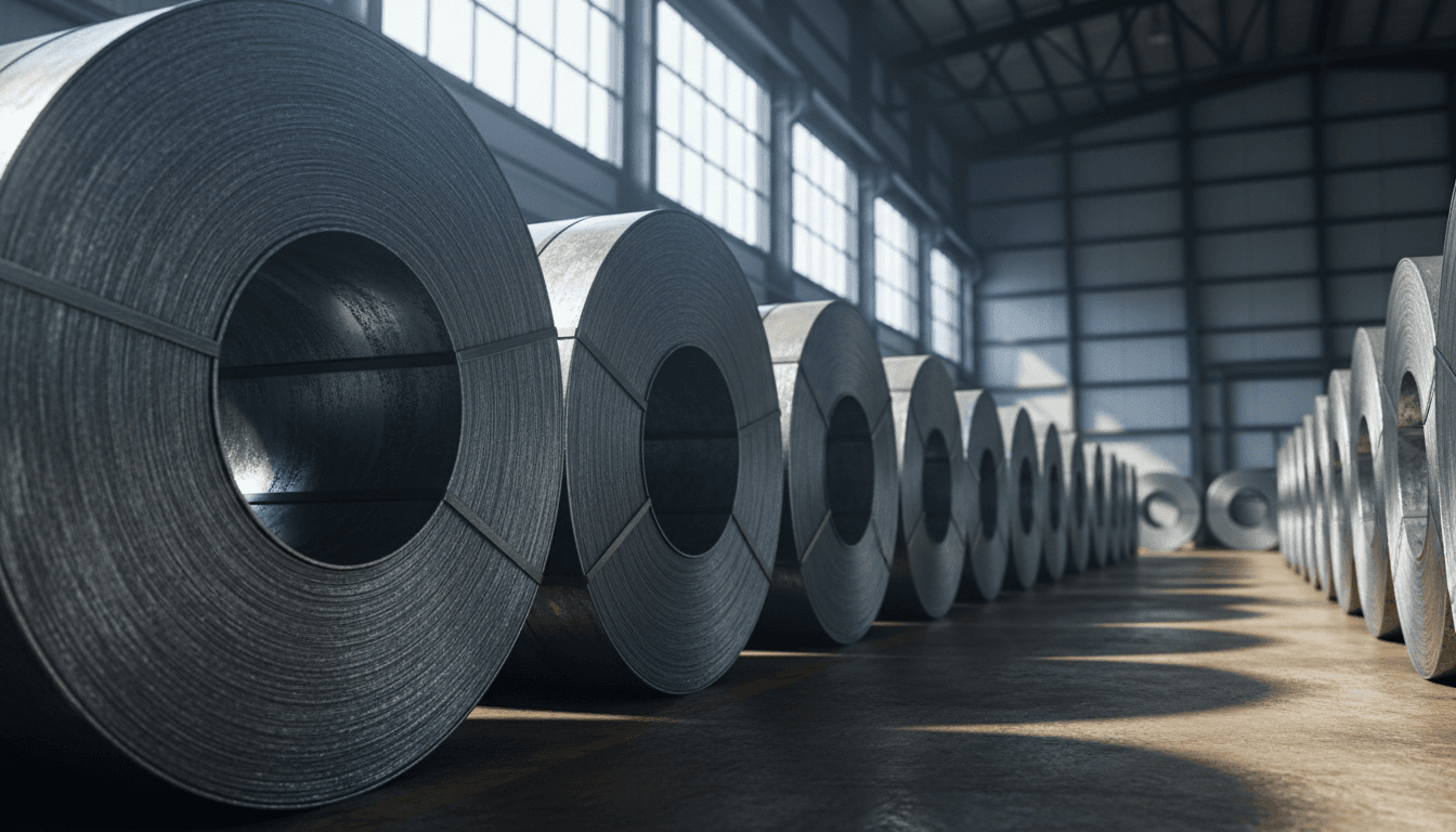 Steel coils organized in warehouse facility in Rajasthan