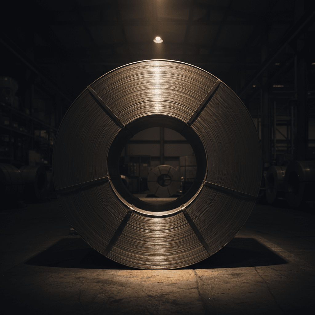 Steel coil showing wound metallic surface